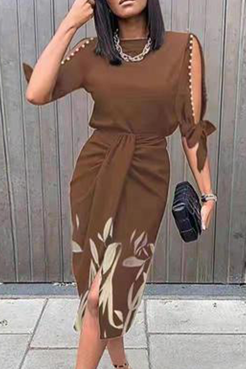 Women's Dress - Short Sleeve Pearl Cut-Out - Draped Waist Side Slit - Botanical Print