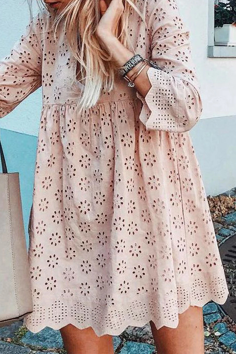 Women's Eyelet Dress - Loose Fit - Long Sleeve - Flowy Lightweight Casual Wear