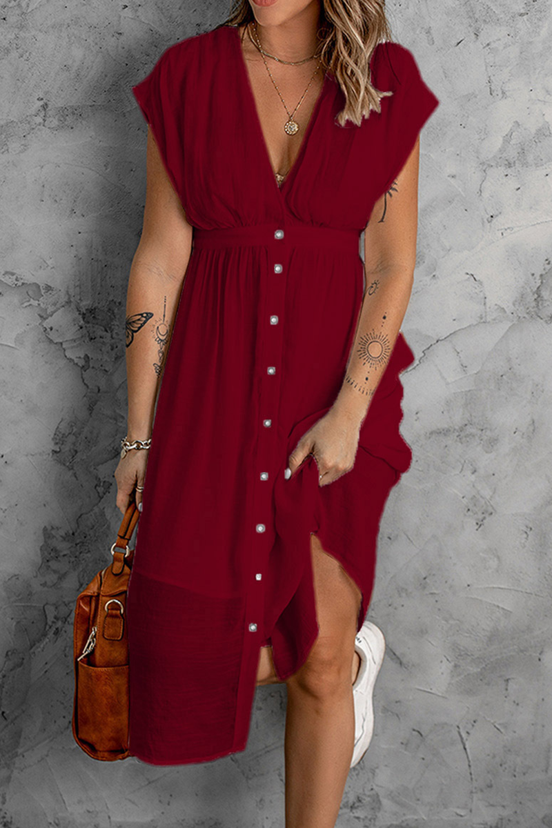 Women's Sleeveless V-Neck Dress - Button Down - High Waist - Asymmetrical Hem