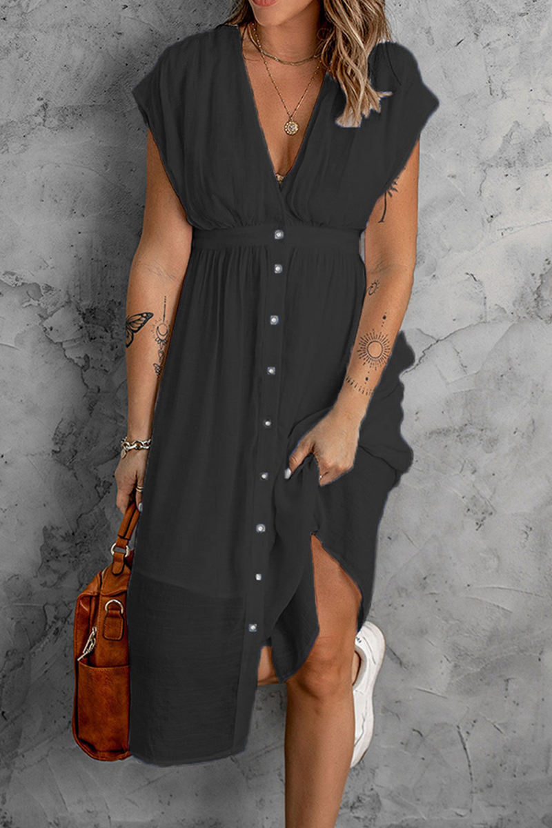 Women's Sleeveless V-Neck Dress - Button Down - High Waist - Asymmetrical Hem