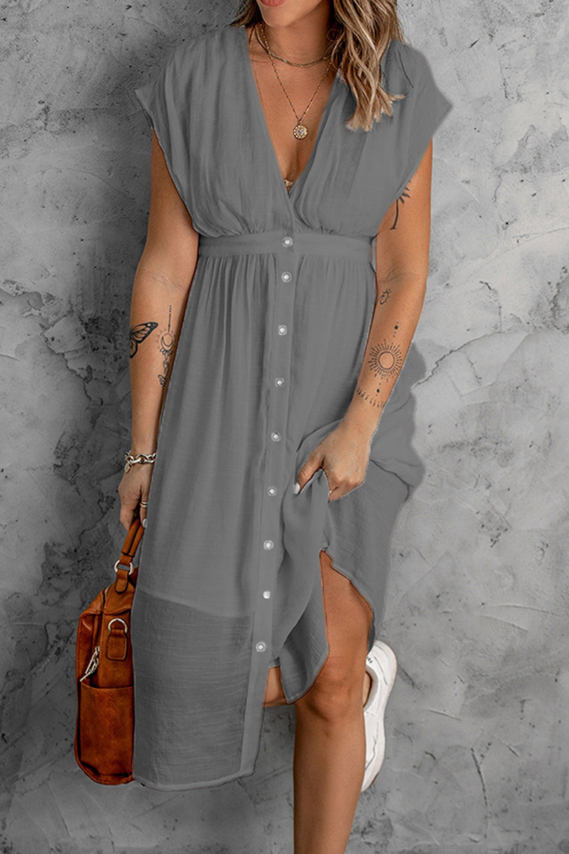 Women's Sleeveless V-Neck Dress - Button Down - High Waist - Asymmetrical Hem