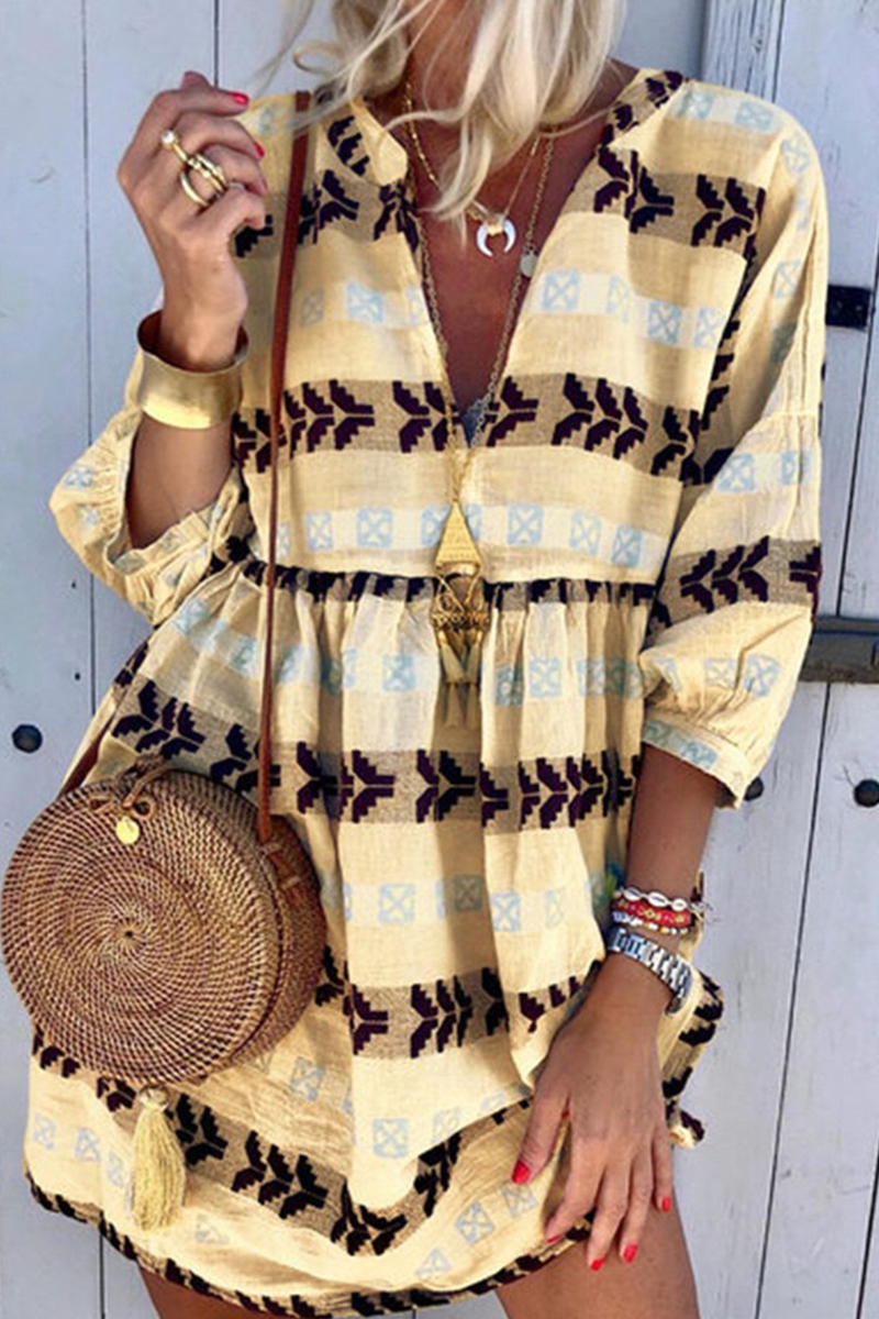 Women's Bohemian Dress - V-Neck - Long Sleeve - Relaxed Fit - Tribal Print