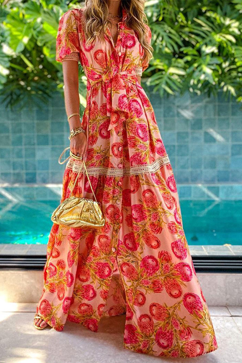 Women's Maxi Dress - Wrap Tie Waist - Puff Sleeve - Floral Print - Elegant Flowy Fit