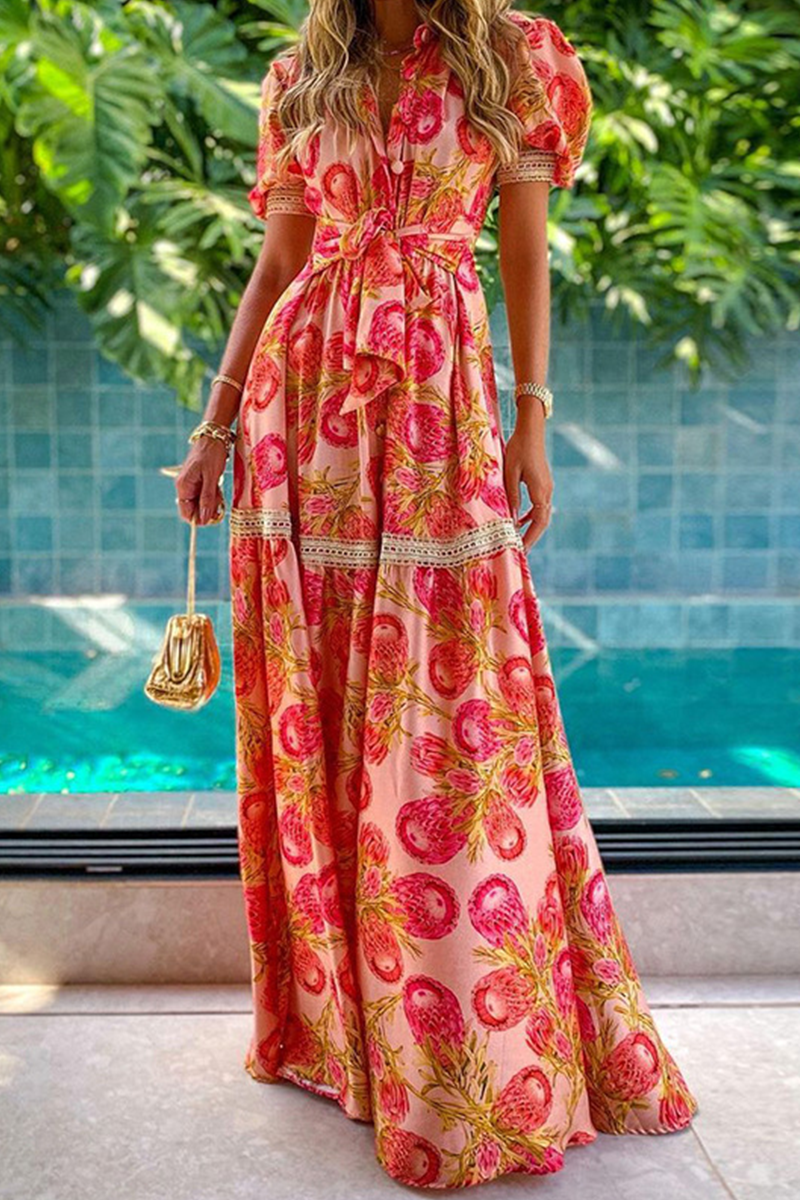 Women's Maxi Dress - Wrap Tie Waist - Puff Sleeve - Floral Print - Elegant Flowy Fit