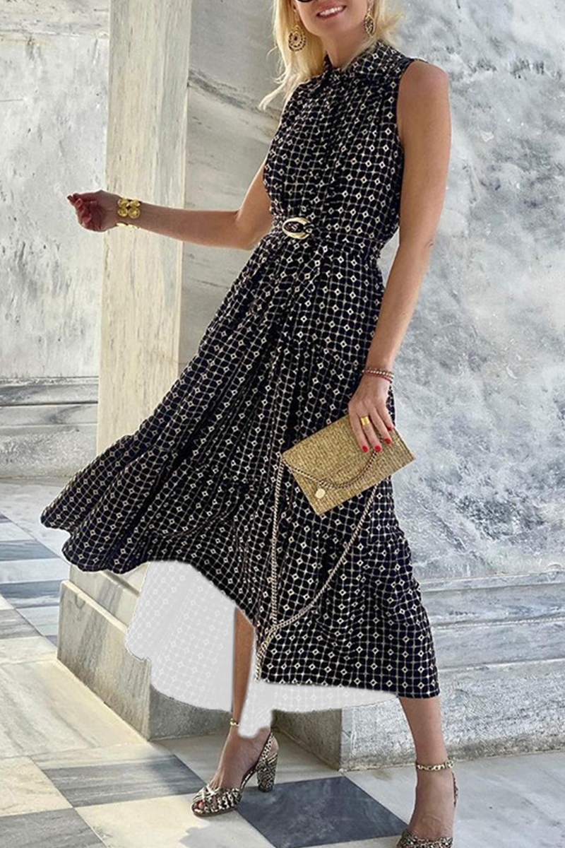 Women's Maxi Dress - Sleeveless - High Neck - Belted Waist - Geometric Print