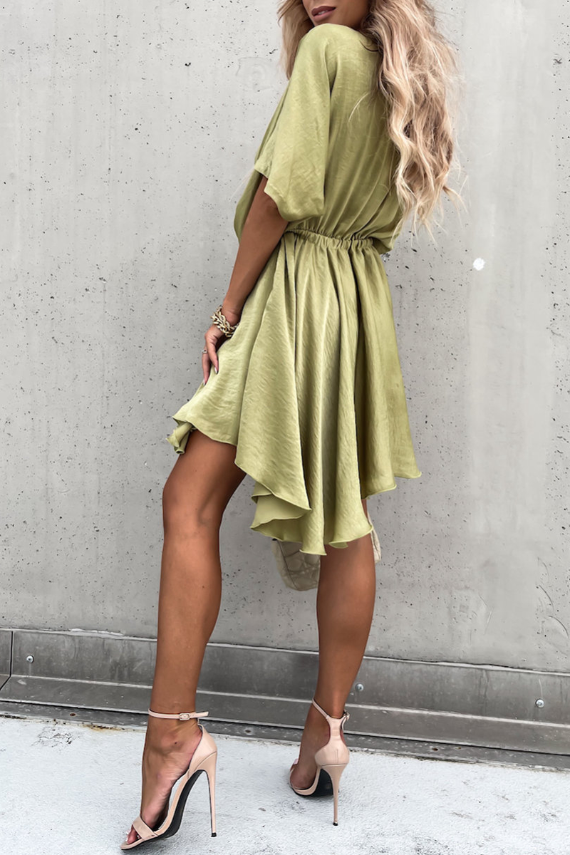 Women's Wrap Dress - V-Neck - Short Sleeve - Adjustable Tie Waist - Asymmetrical Hem