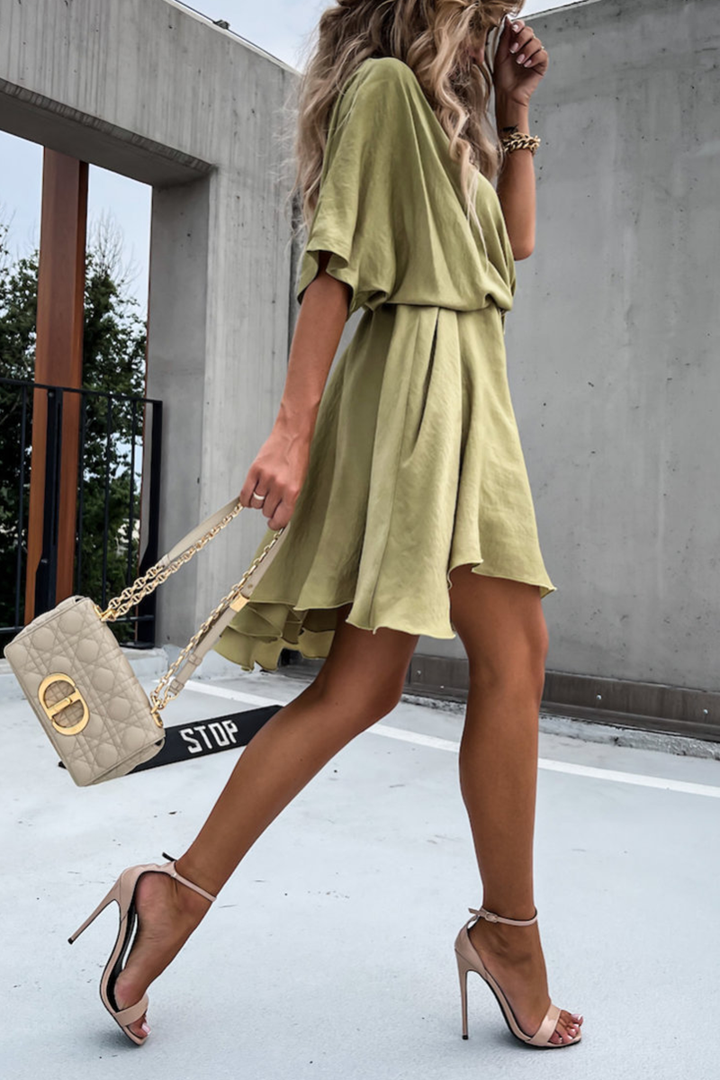 Women's Wrap Dress - V-Neck - Short Sleeve - Adjustable Tie Waist - Asymmetrical Hem