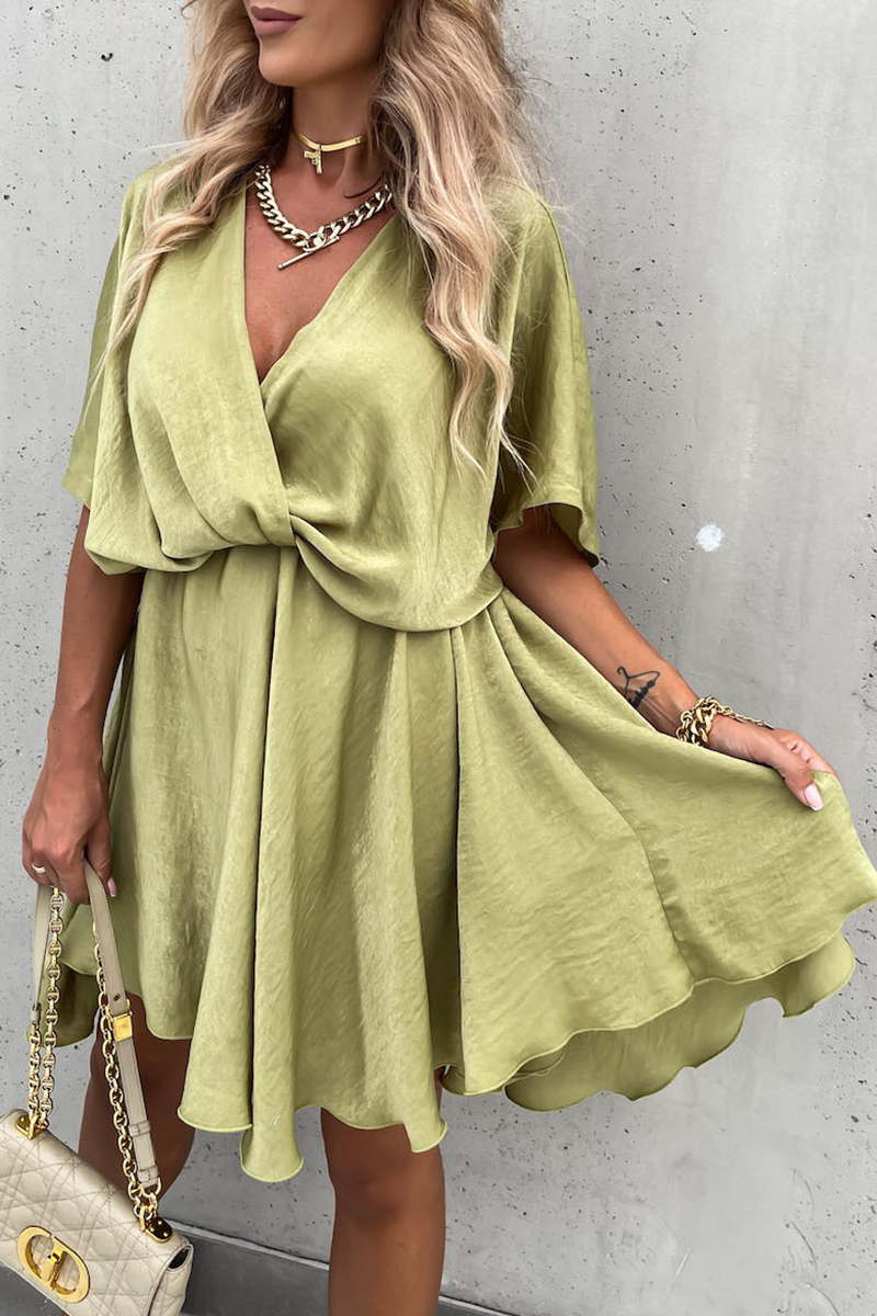 Women's Wrap Dress - V-Neck - Short Sleeve - Adjustable Tie Waist - Asymmetrical Hem