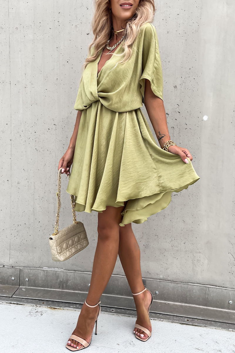 Women's Wrap Dress - V-Neck - Short Sleeve - Adjustable Tie Waist - Asymmetrical Hem