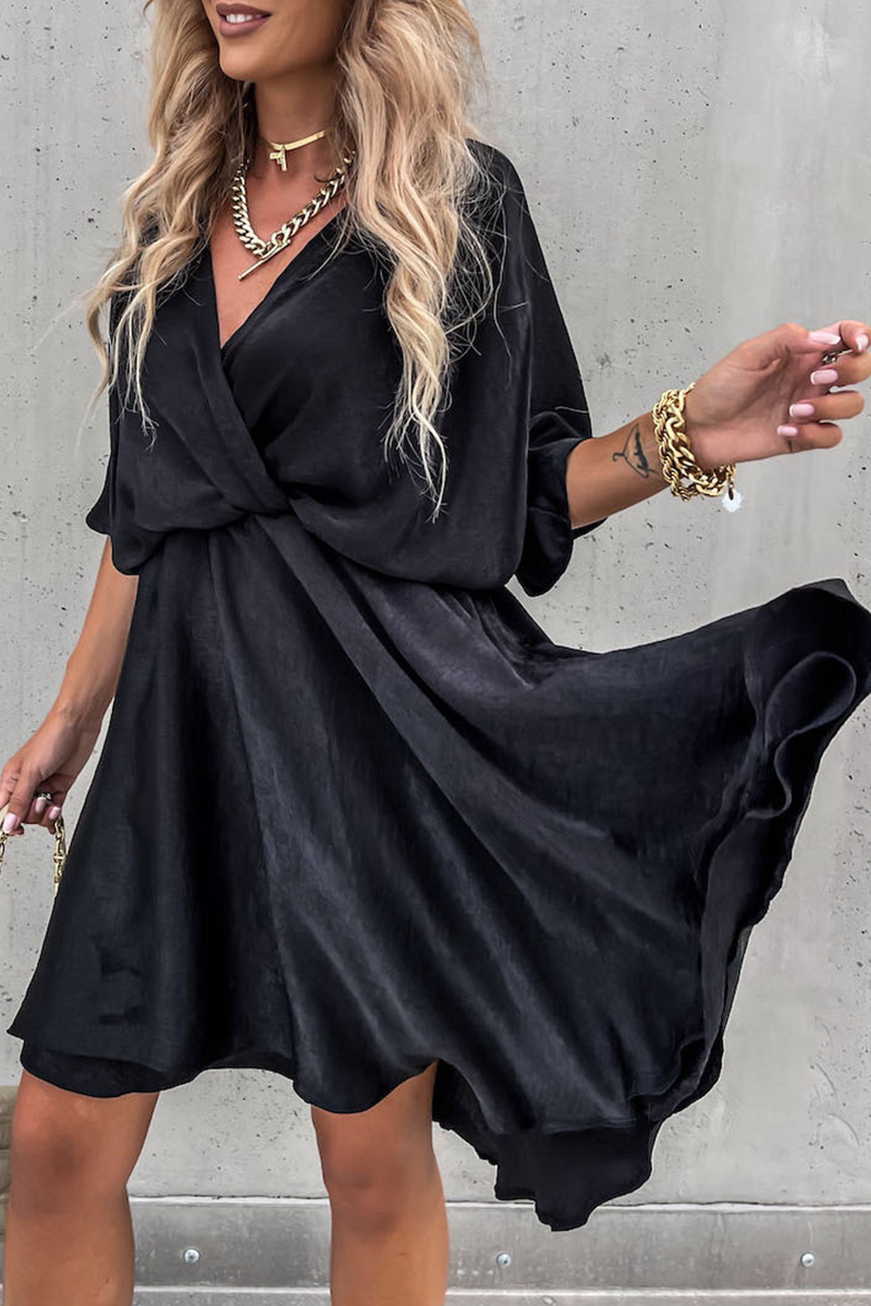 Women's Wrap Dress - V-Neck - Short Sleeve - Adjustable Tie Waist - Asymmetrical Hem