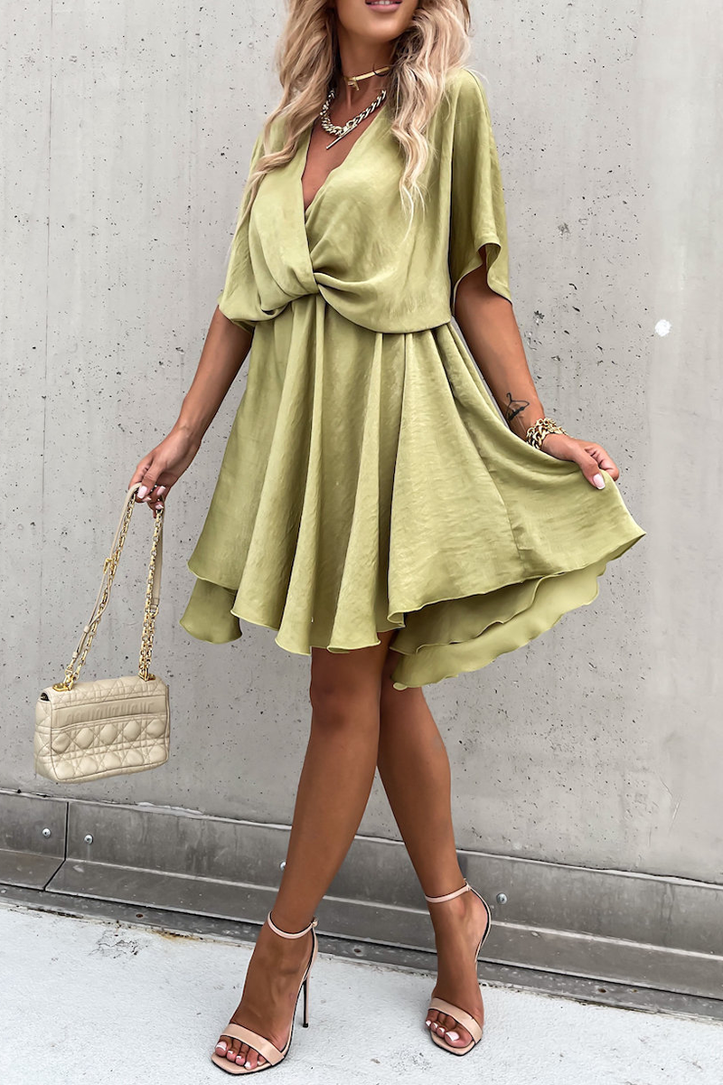 Women's Wrap Dress - V-Neck - Short Sleeve - Adjustable Tie Waist - Asymmetrical Hem