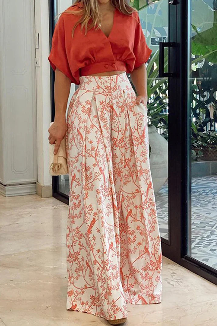 Women’s Two-Piece Set – Relaxed Fit Crop Top – Wide-Leg High-Waist Pants
