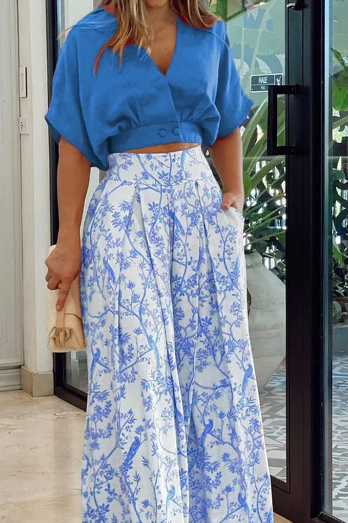 Women’s Two-Piece Set – Relaxed Fit Crop Top – Wide-Leg High-Waist Pants