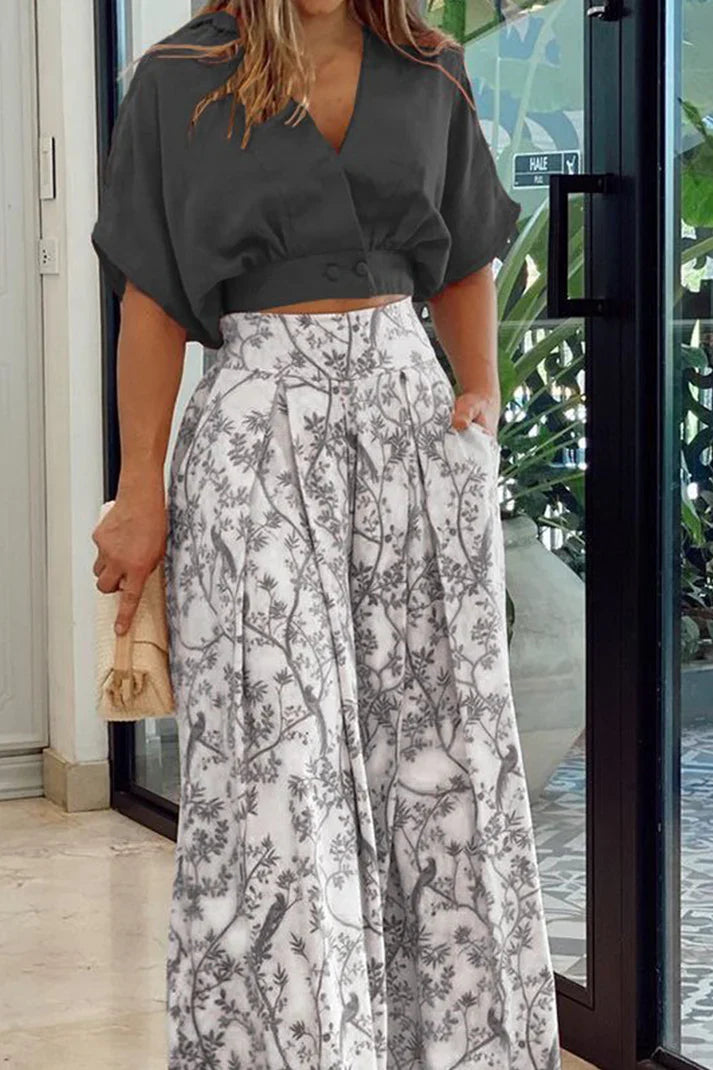 Women’s Two-Piece Set – Relaxed Fit Crop Top – Wide-Leg High-Waist Pants