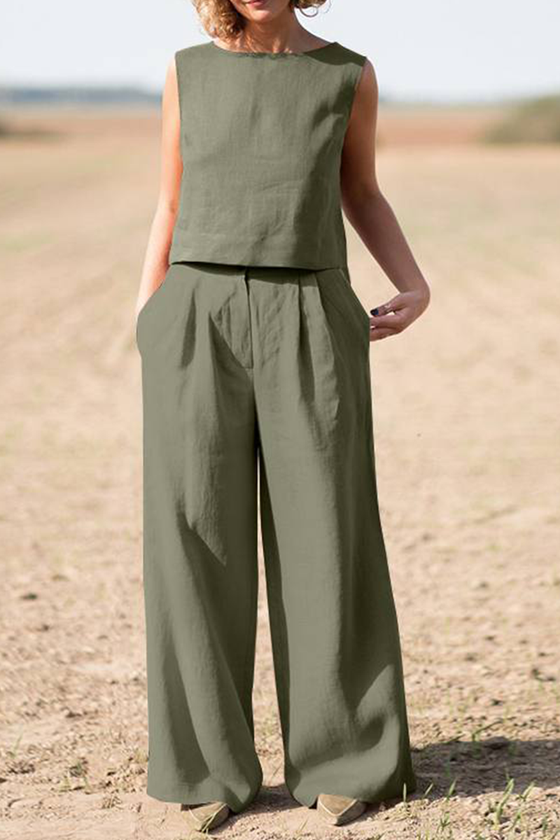Women's Two-Piece Set - Sleeveless Crop Top & High-Waisted Wide-Leg Pants