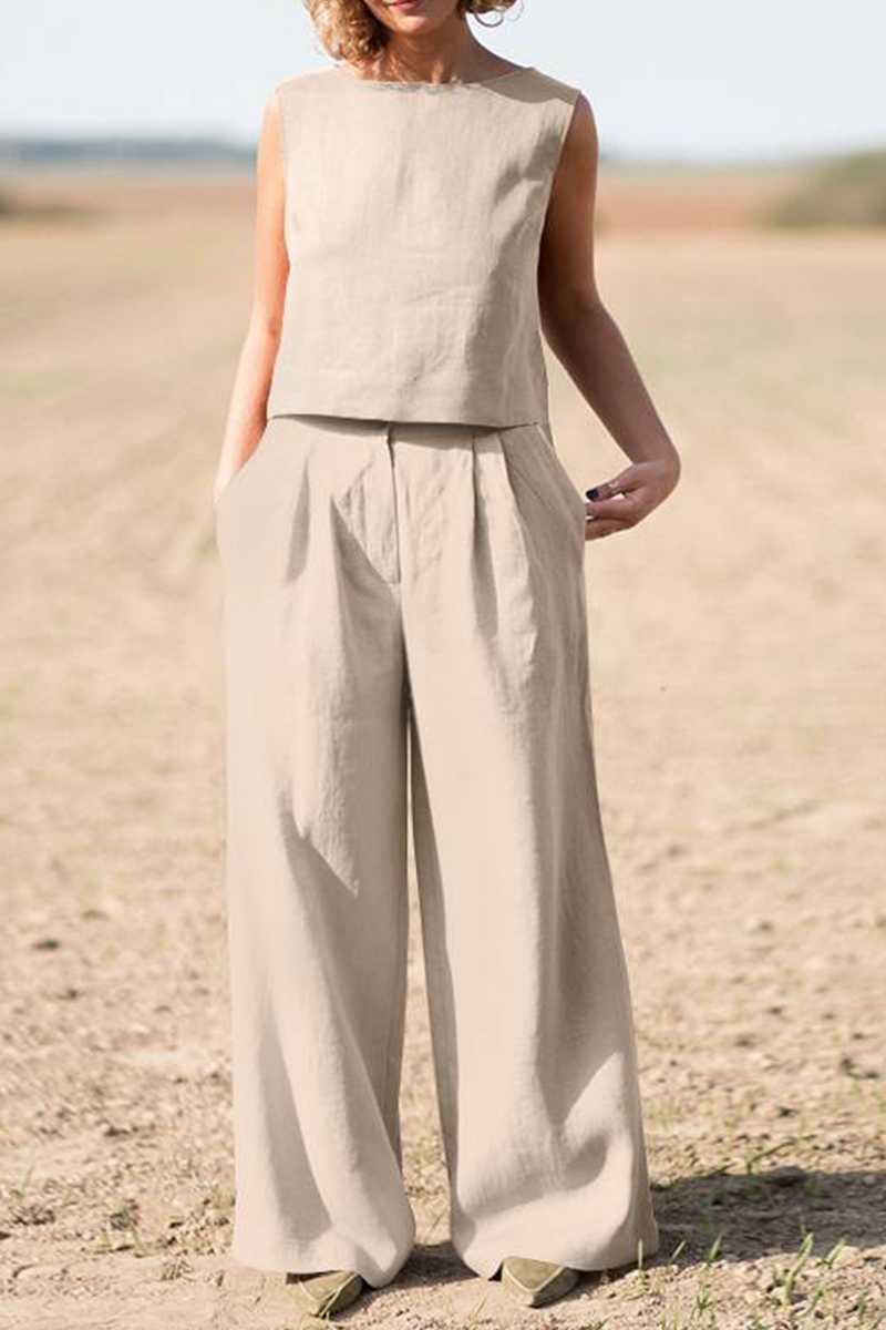Women's Two-Piece Set - Sleeveless Crop Top & High-Waisted Wide-Leg Pants