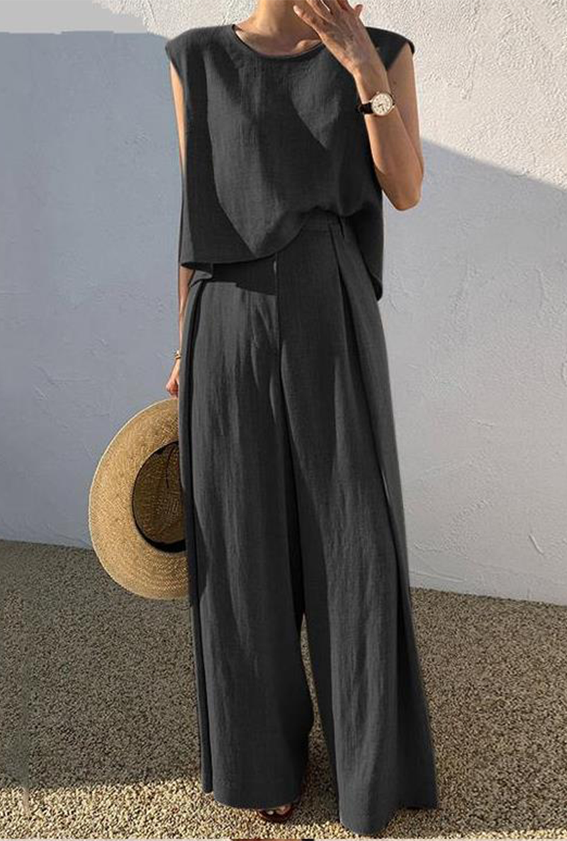 Women's Two-Piece Set - Sleeveless Top & High-Waisted Wide-Leg Pants - Loose Fit