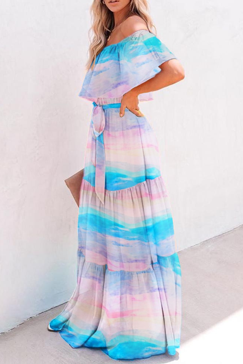 Women's Off-Shoulder Maxi Dress - Polka Dot - Ruffled Neckline - Waist Tie - Flowy Fit