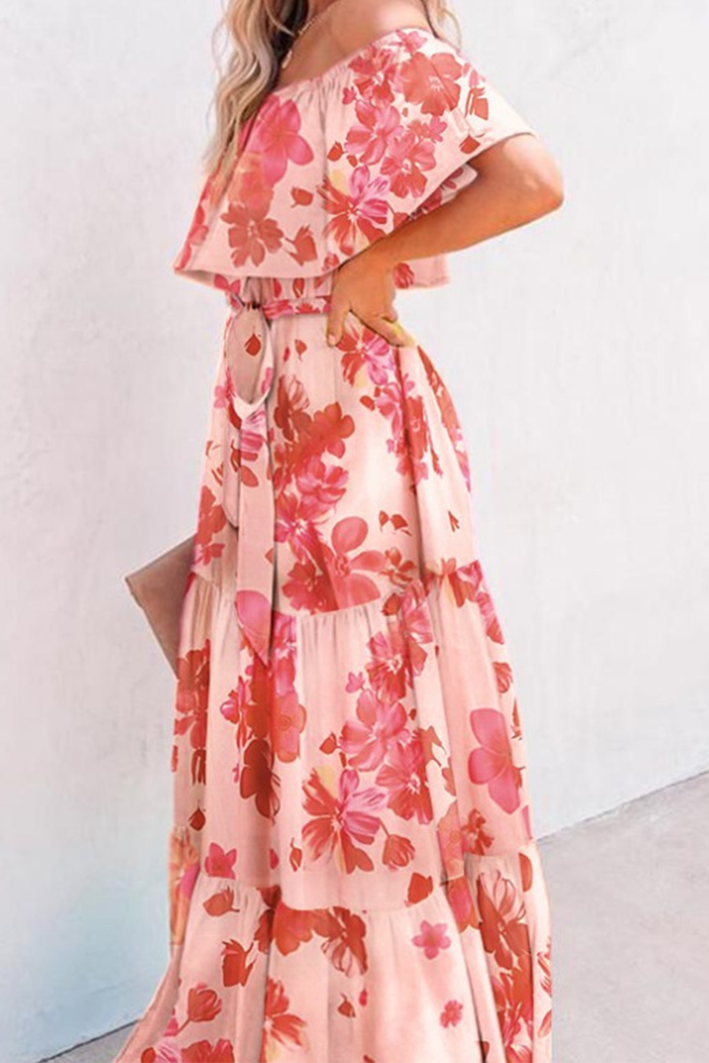 Women's Off-Shoulder Maxi Dress - Polka Dot - Ruffled Neckline - Waist Tie - Flowy Fit