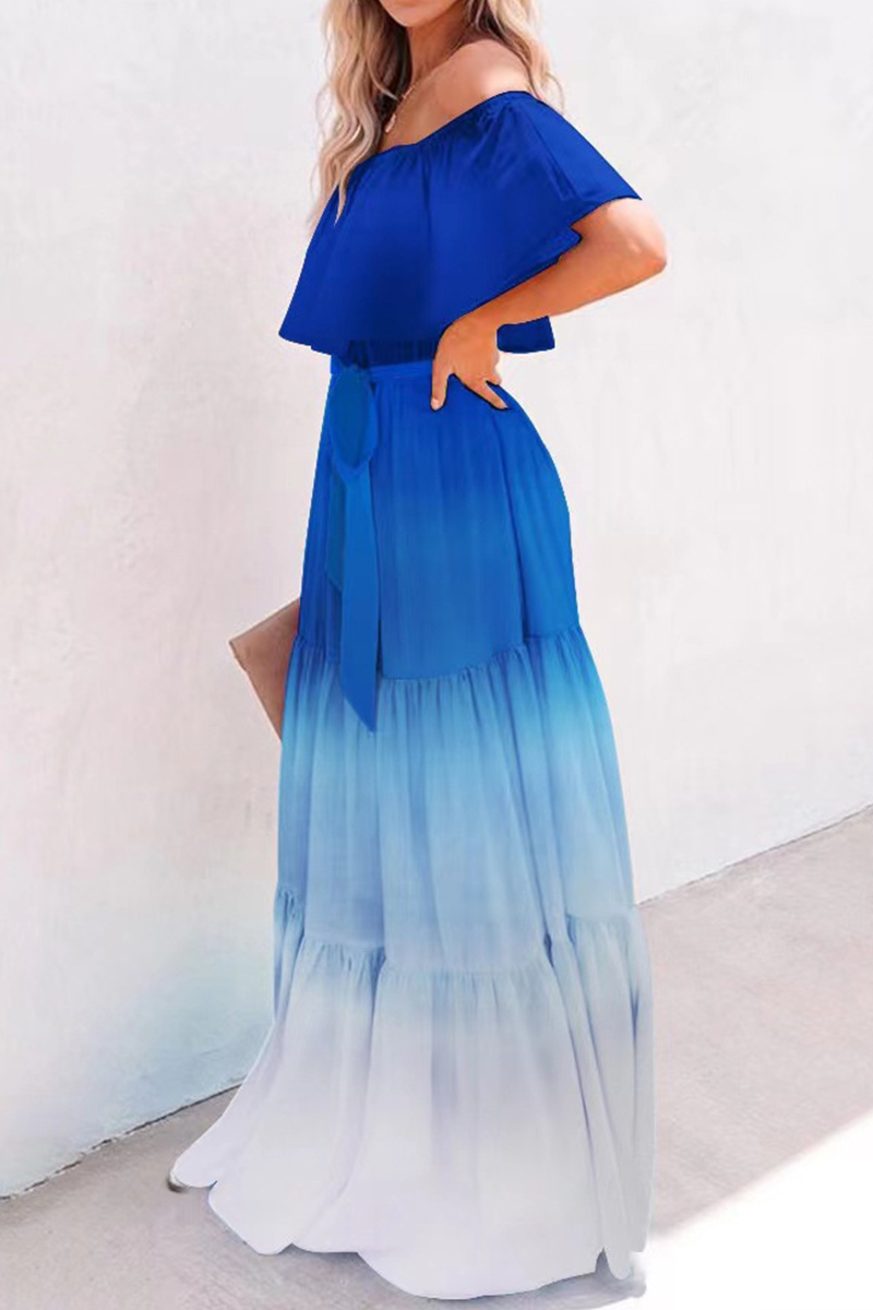 Women's Off-Shoulder Maxi Dress - Polka Dot - Ruffled Neckline - Waist Tie - Flowy Fit