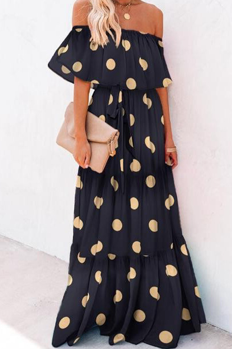 Women's Off-Shoulder Maxi Dress - Polka Dot - Ruffled Neckline - Waist Tie - Flowy Fit