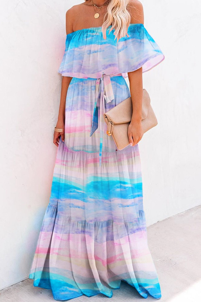 Women's Off-Shoulder Maxi Dress - Polka Dot - Ruffled Neckline - Waist Tie - Flowy Fit