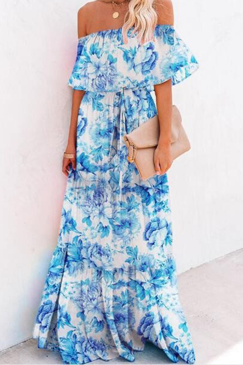 Women's Off-Shoulder Maxi Dress - Polka Dot - Ruffled Neckline - Waist Tie - Flowy Fit