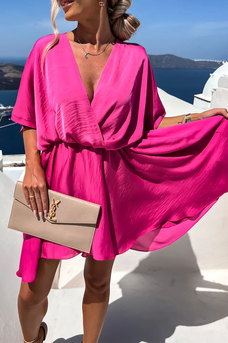 Women's Wrap Dress - V-Neck - Short Sleeve - Adjustable Tie Waist - Asymmetrical Hem