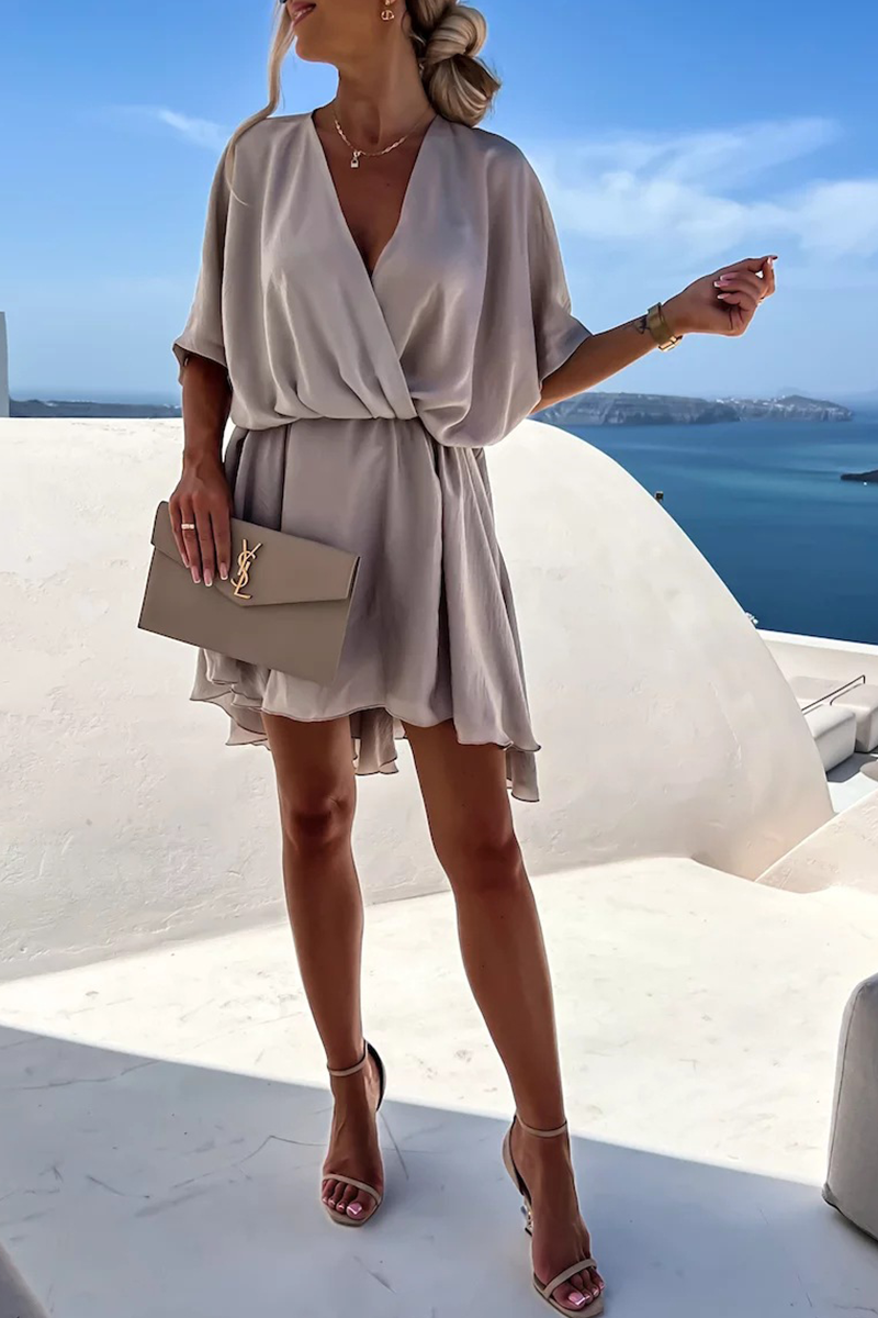 Women's Wrap Dress - V-Neck - Short Sleeve - Adjustable Tie Waist - Asymmetrical Hem