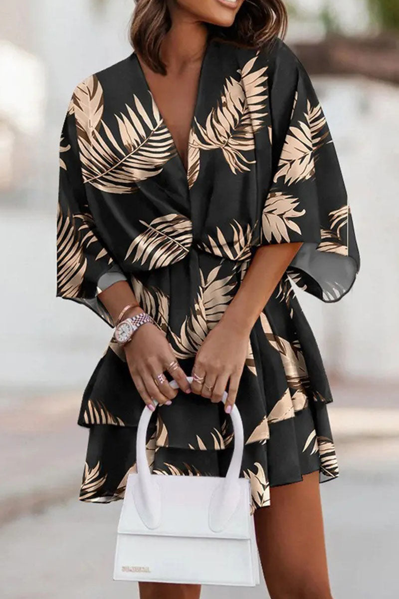 Women's V-Neck Mini Dress - Wrap Style - A-Line Layered Skirt - Floral Print