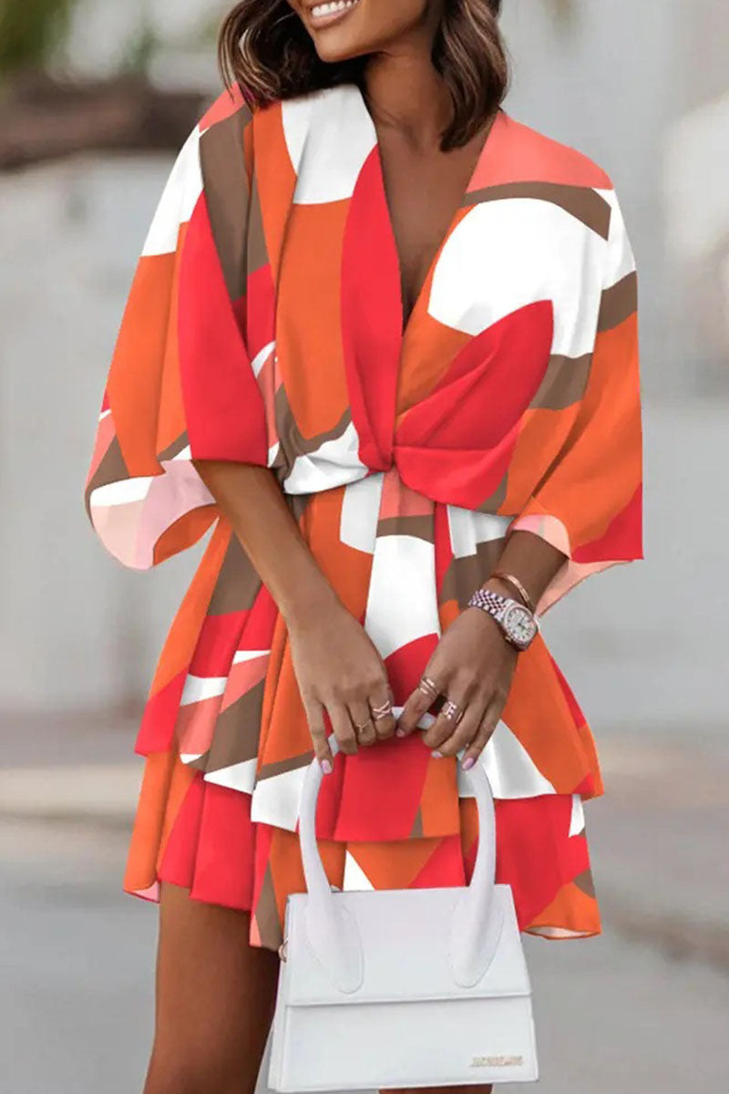 Women's V-Neck Mini Dress - Wrap Style - A-Line Layered Skirt - Floral Print