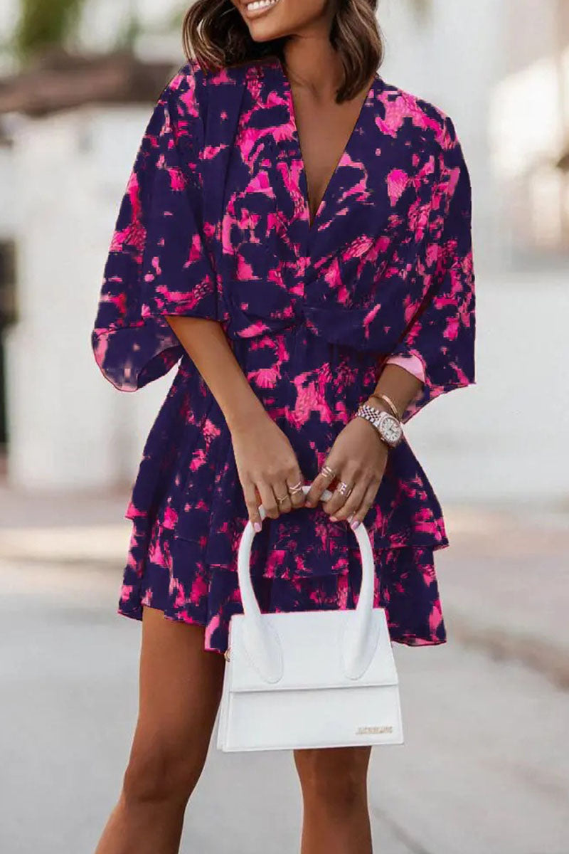 Women's V-Neck Mini Dress - Wrap Style - A-Line Layered Skirt - Floral Print