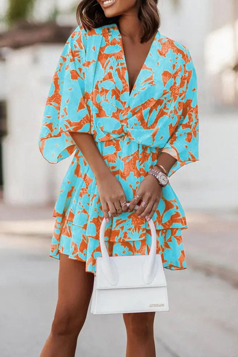 Women's V-Neck Mini Dress - Wrap Style - A-Line Layered Skirt - Floral Print