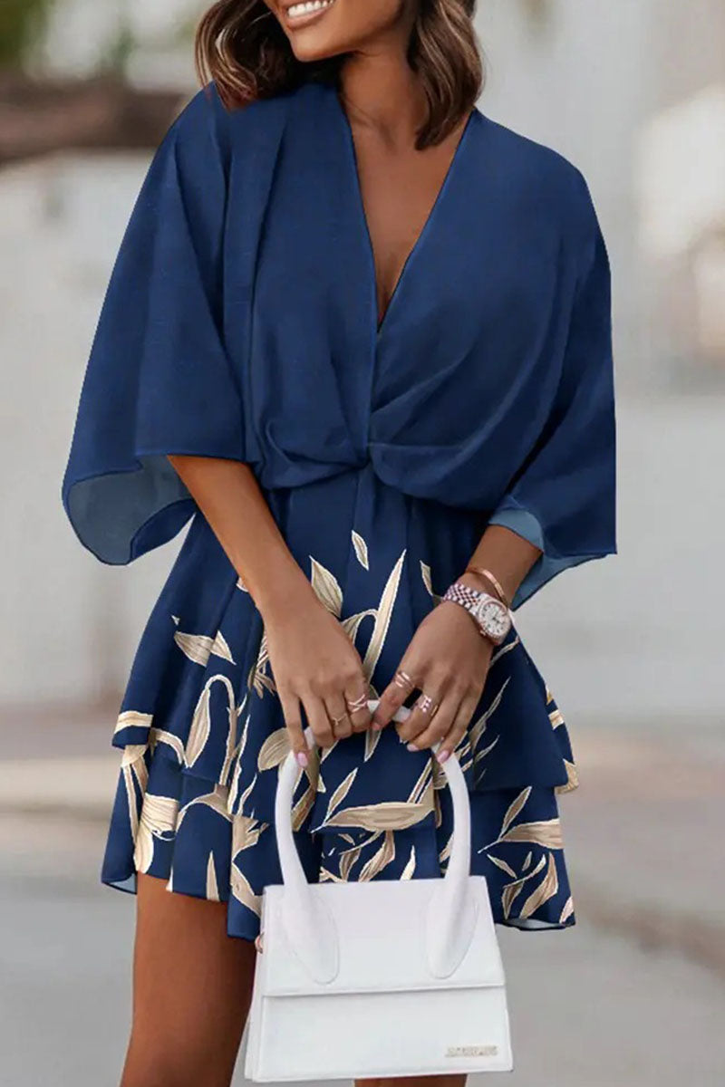 Women's V-Neck Mini Dress - Wrap Style - A-Line Layered Skirt - Floral Print