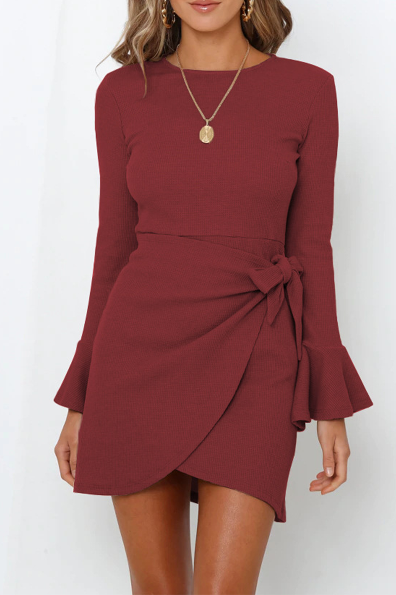 Women's Wrap Dress - Ribbed Knit - Asymmetrical Hem - Long Sleeve Elegant Fit