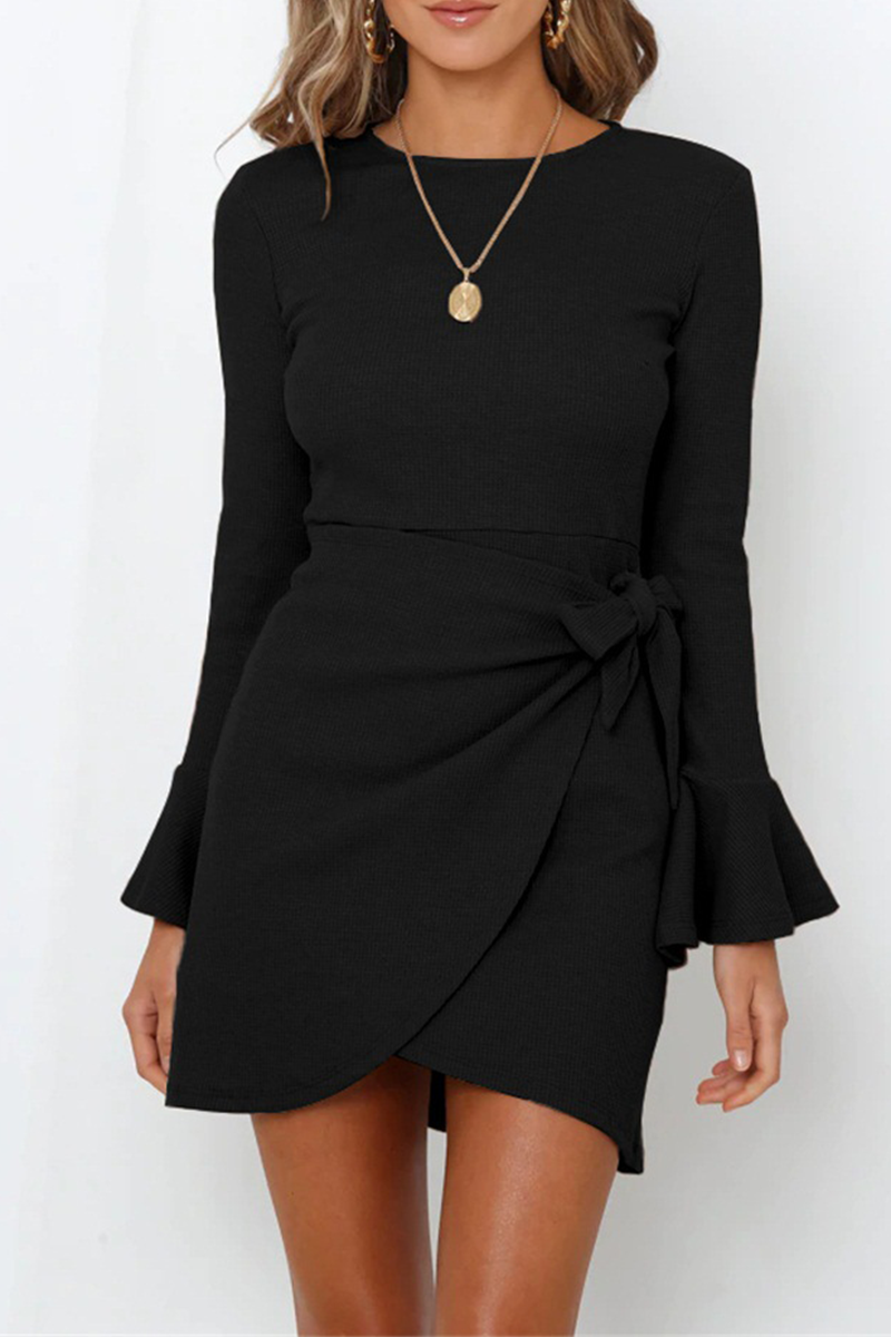 Women's Wrap Dress - Ribbed Knit - Asymmetrical Hem - Long Sleeve Elegant Fit