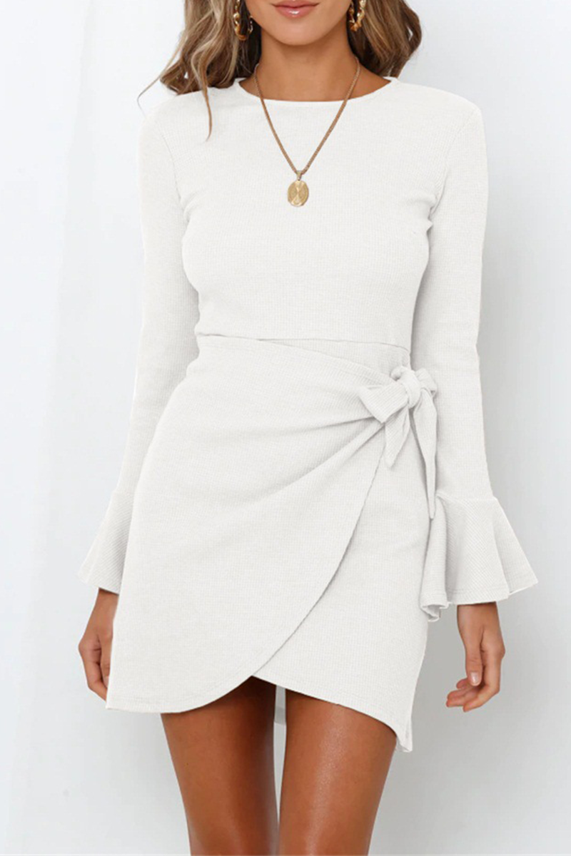 Women's Wrap Dress - Ribbed Knit - Asymmetrical Hem - Long Sleeve Elegant Fit