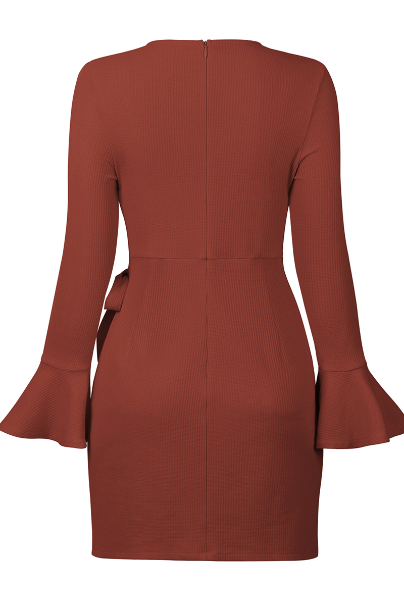 Women's Wrap Dress - Ribbed Knit - Asymmetrical Hem - Long Sleeve Elegant Fit