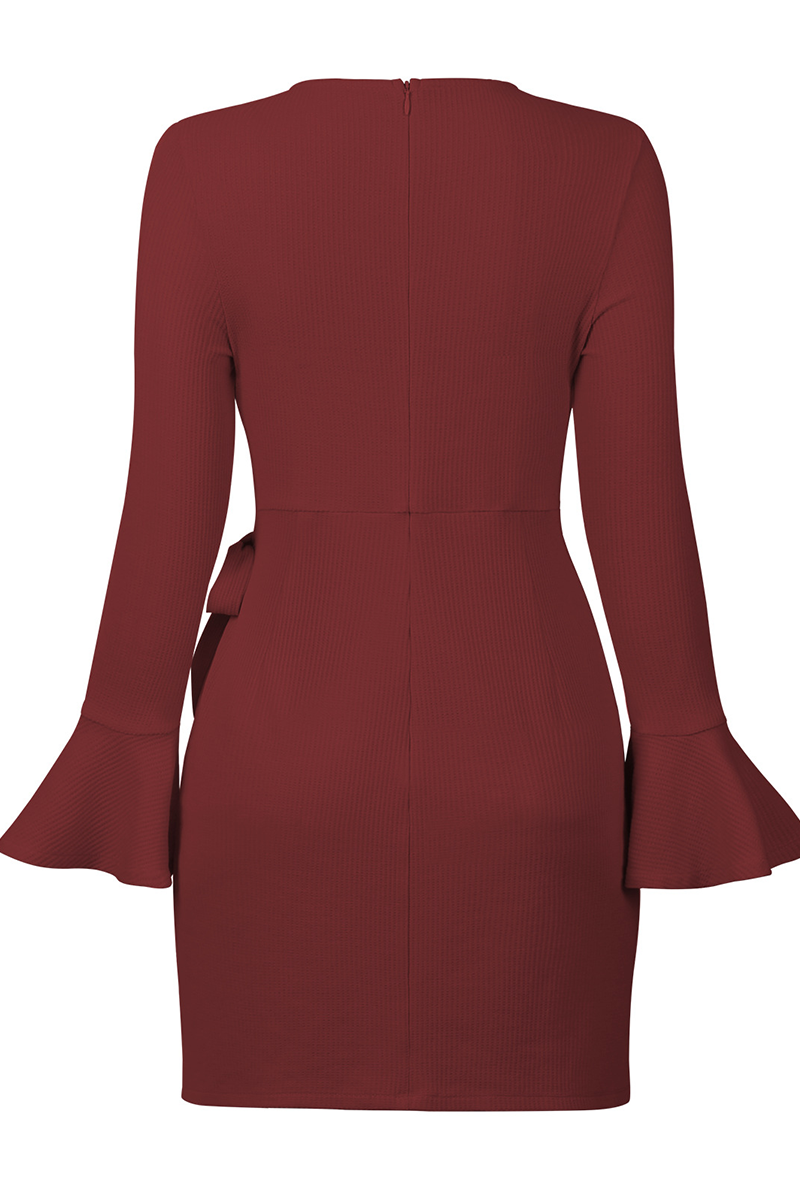 Women's Wrap Dress - Ribbed Knit - Asymmetrical Hem - Long Sleeve Elegant Fit