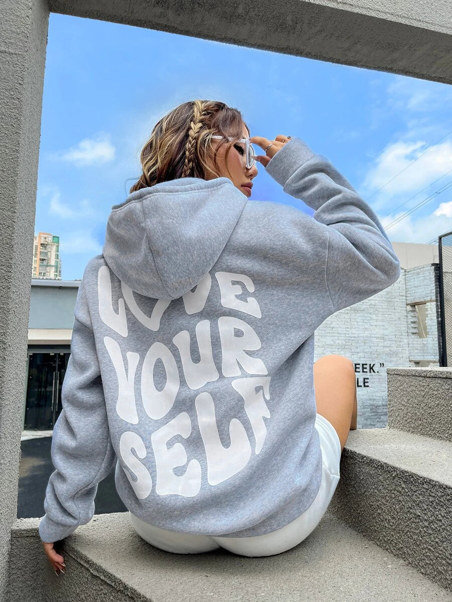 Women's drop shoulder hoodie with 'Love Yourself' back print