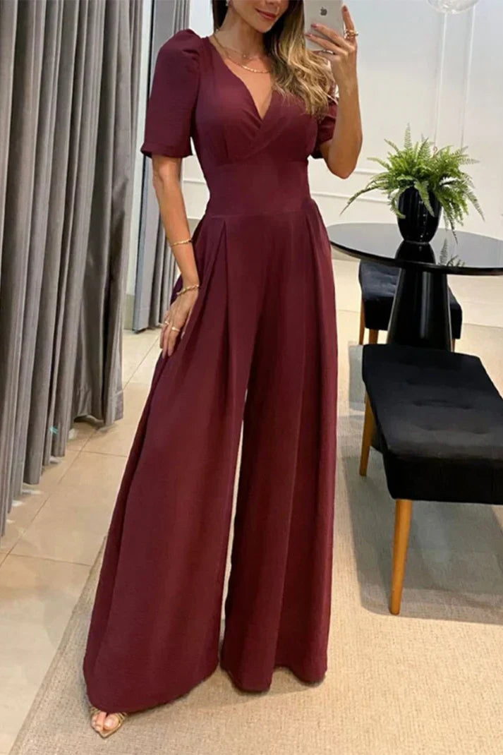 Women's solid color v neck casual jumpsuit