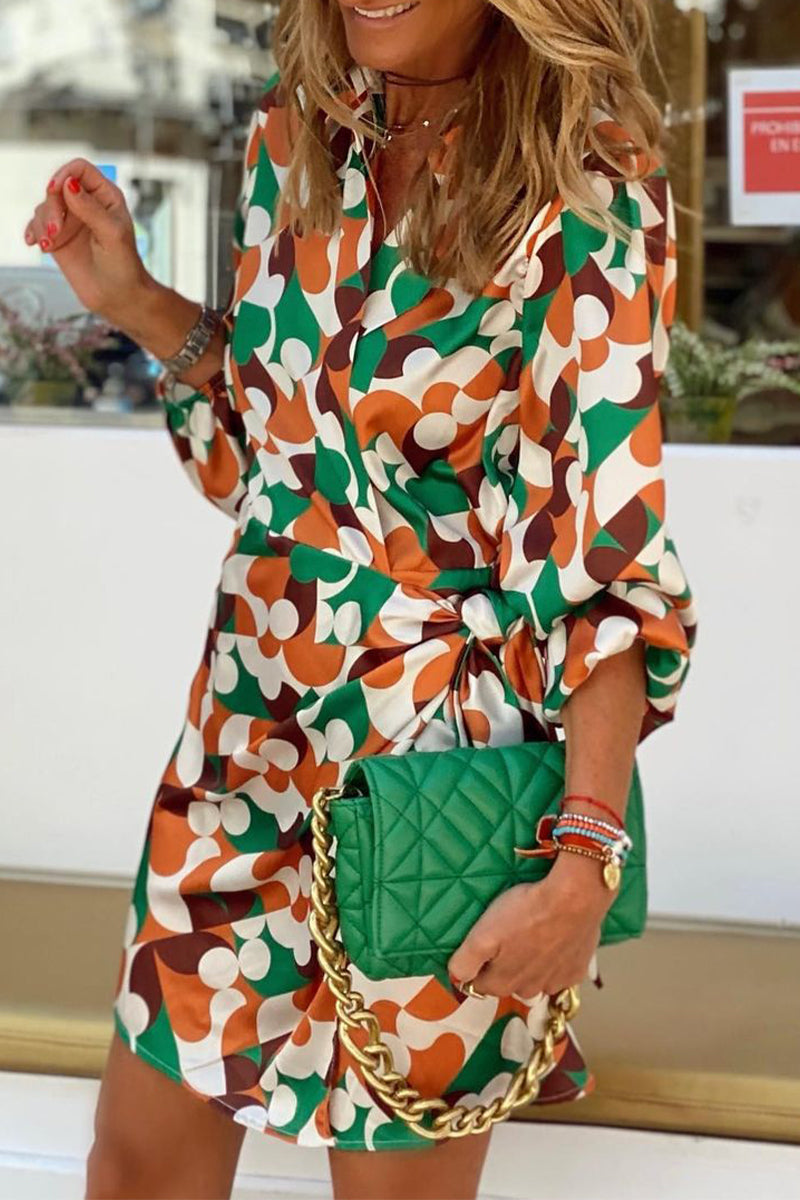 Women's Wrap Dress - V-Neck Long Sleeve - Geometric Print - Elegant Flowing Fit