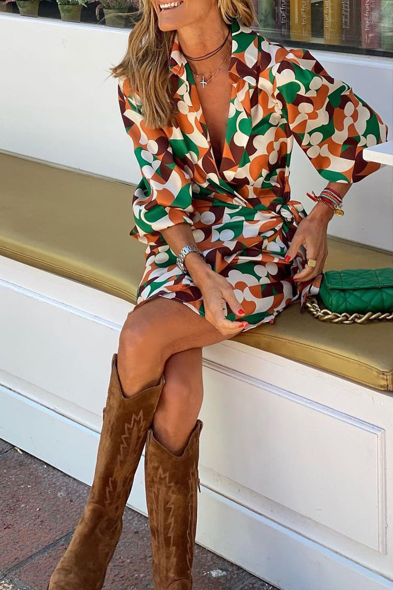 Women's Wrap Dress - V-Neck Long Sleeve - Geometric Print - Elegant Flowing Fit
