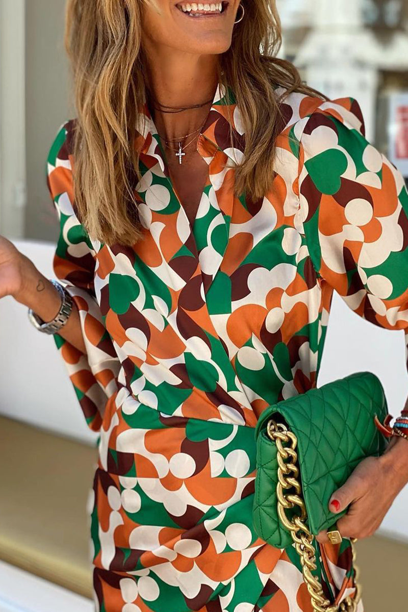 Women's Wrap Dress - V-Neck Long Sleeve - Geometric Print - Elegant Flowing Fit