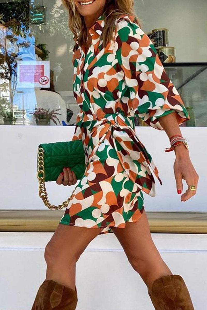 Women's Wrap Dress - V-Neck Long Sleeve - Geometric Print - Elegant Flowing Fit