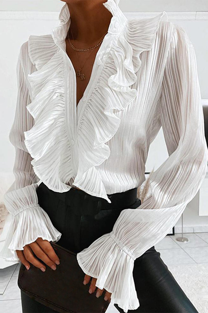 Women's Blouse - Ruffled Front - Fitted Waist - Long Sleeve Button-Up Denim