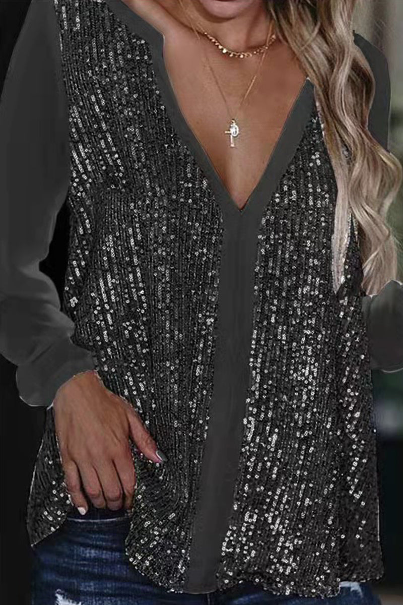 Women's Sequin Blouse - Deep V-Neck - Sheer Long Sleeves - Loose Fit Party Top