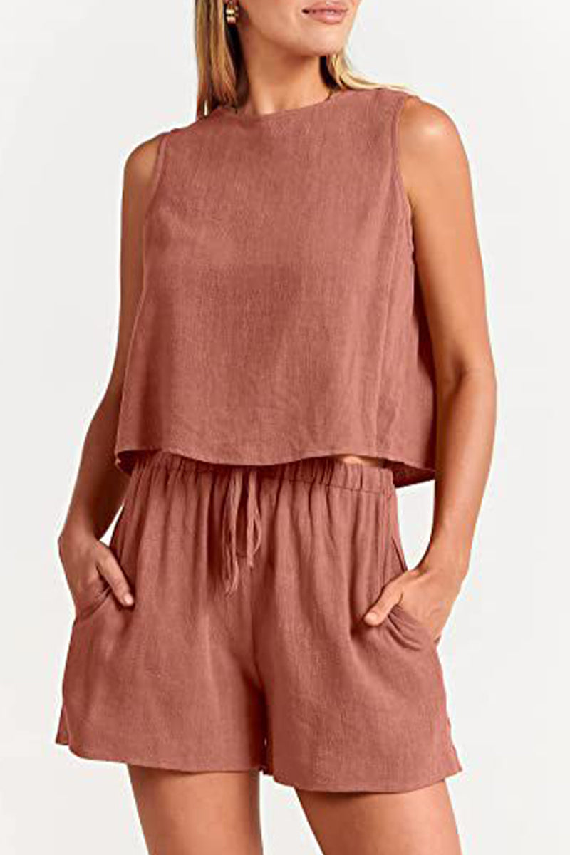 Reign - bateau neckline sleeveless and drawstring pocket short set