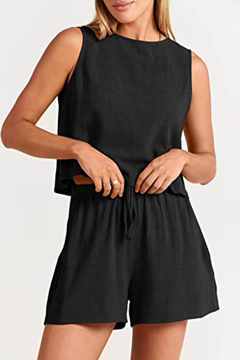 Reign - bateau neckline sleeveless and drawstring pocket short set