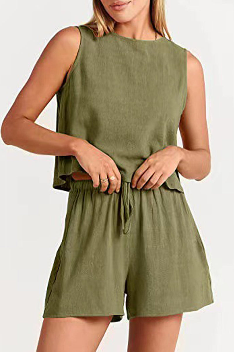 Reign - bateau neckline sleeveless and drawstring pocket short set